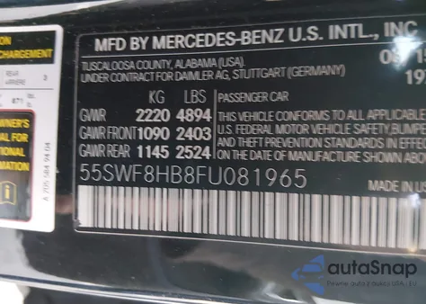 2015 Mercedes-Benz C 63 Amg S из США, поврежденный, VIN 55SWF8HB8FU081965